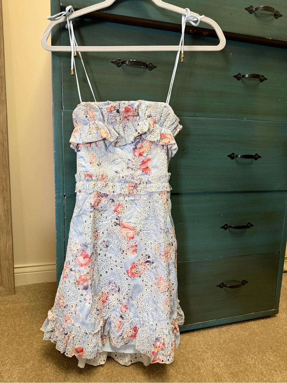 Selfie Leslie Light Blue Floral Eyelet Ruffle Sundress